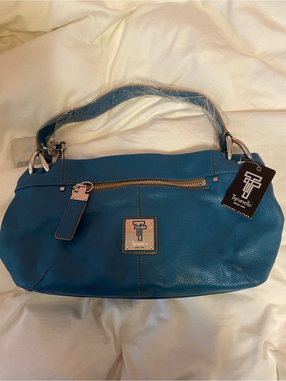 Tignanello teal Blue Pebbled Leather Shoulder Bag new with tag